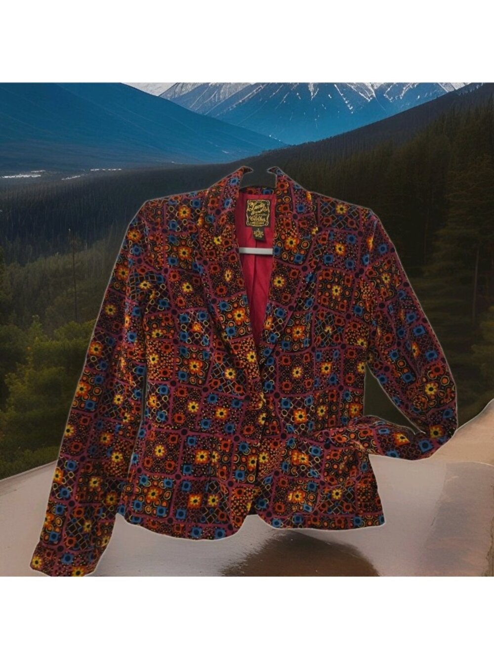 Vintage Lucky Brand Velvet Blazer Jacket Geometric Hong Kong Pockets 2004 Y2K S